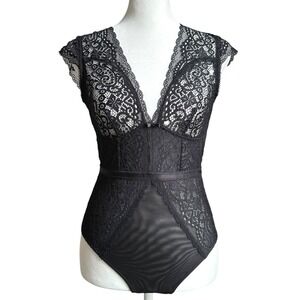 Sophie B Black Lace Plunge Bodysuit Mesh Teddy Lingerie Whimsygoth Dark Romance